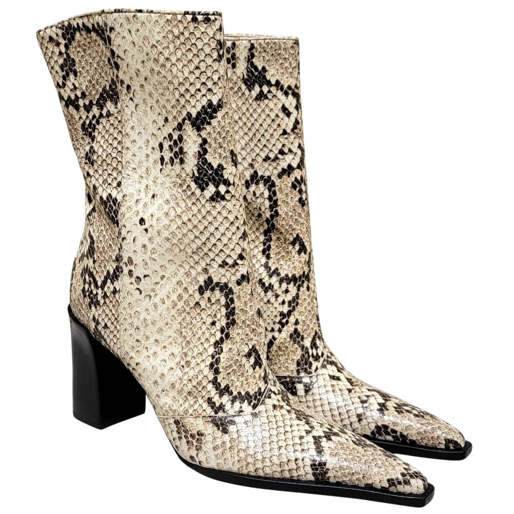 Schutz Raffaela Pointed Toe Mid Calf Booties Size US 7.5B Natural Snake Print